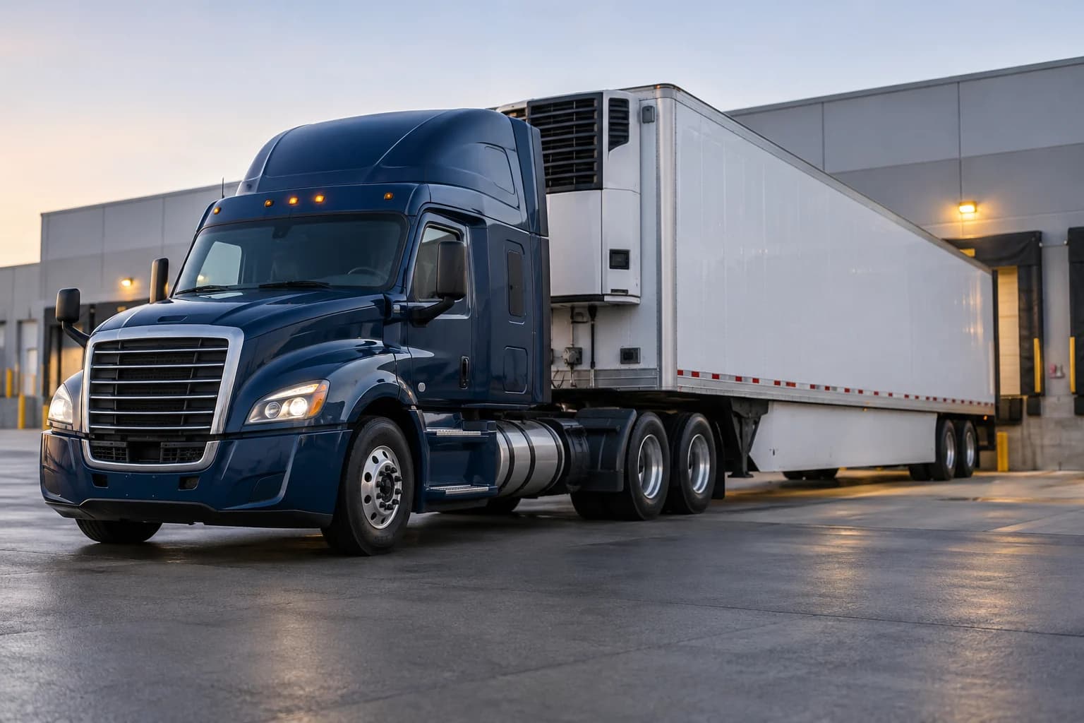 Refrigerated freight trailer with a front-mounted cooling unit at a distribution terminal