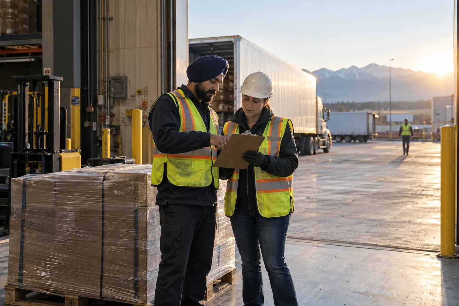 Freight professionals reviewing shipment paperwork at a loading terminal